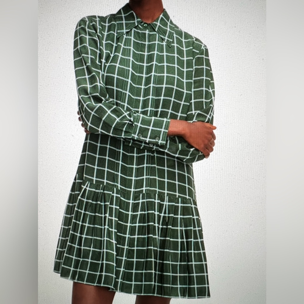 Rebecca Taylor windowpane silk pleated shirt dress -NWT